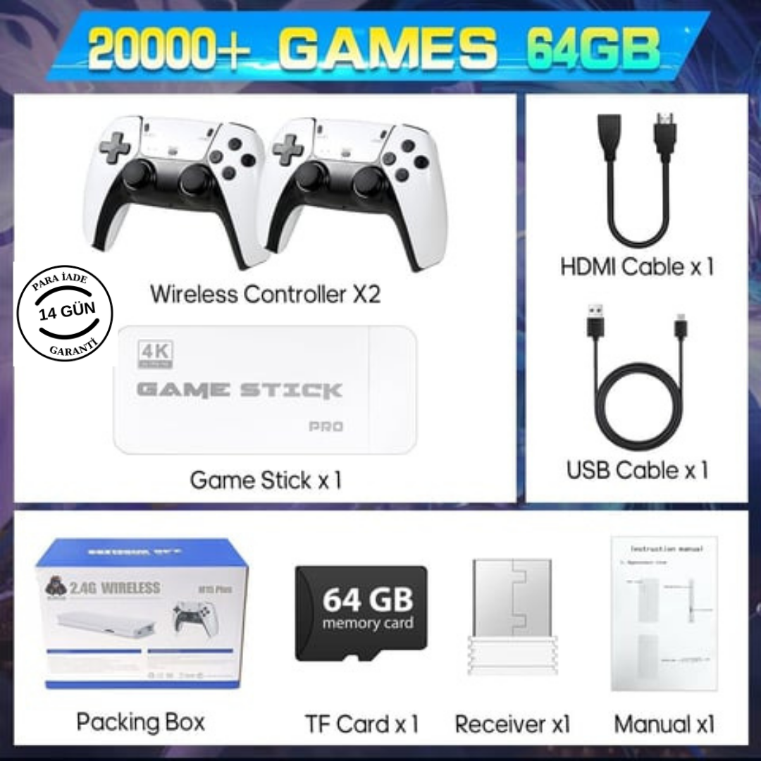 GÜVEN'S TRADE® I 20.000+ Oyunlu 2.4GB. Kablosuz Çift Kol 4k Game Stick Uyumlu Retro Oyun Konsolu